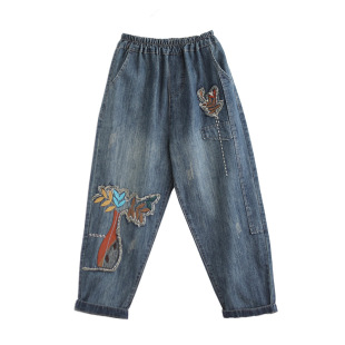 2024 spring new jeans women's washed patch embroidered cropped pants loose slimming casual elastic waist women's pants