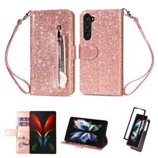 For Samsung Z Fold 5 mobile phone leather case Z fold4 glitter zipper wallet card holder protective case