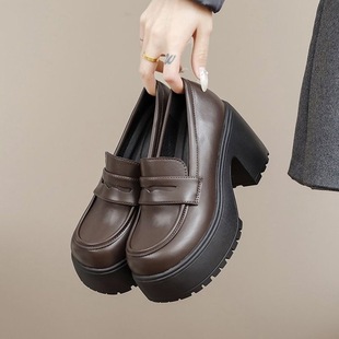 Spring High Heels Women's Thick Heel Platform Thick Bottom Petite Loafers Black Leather Shoes French Working Shoes