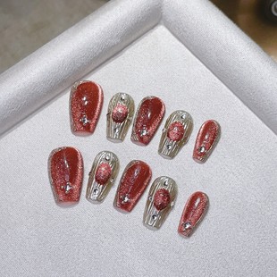 Buchelati wear nail pure handmade popular nail patch autumn and winter New New Year red crystal cat eye white nail