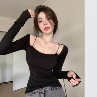 Square Collar Black T-Shirt Women's Spring Sexy Shoulder Pure Desire Tight Slim Fake Two-piece Short Long-sleeved Top
