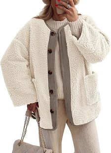 Amazon 2024 Women's Warm Winter Coat Collarless Casual Long Sleeve Button Plush Lambskin Jacket Coat