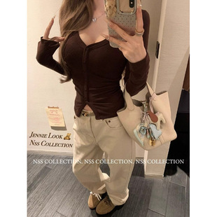 [260g cotton modal] V-neck clavicle-exposed long sleeve T-shirt button slim base shirt inner jacket
