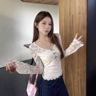 Pure Desire Bow Hollow Lace Long-sleeved T-shirt Women's Spring V-neck Base Top with Strapless Inner Two-piece Set