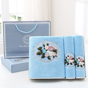 Embroidered Towel fashion flower gift box hanging fiber absorbent towel bath towel wholesale two-piece gift box