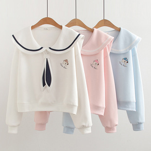 Navy Collar Sweat Women's 2024 Autumn and Winter Wear Small Loose Casual Pullover Short College Style Top
