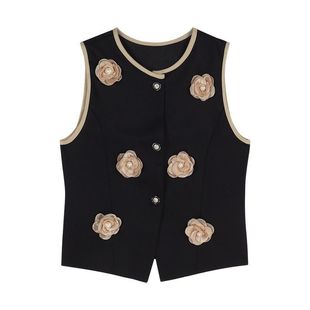 French Style Chanel Style Sleeveless Vest Women's Summer Slim-fit Black Flower Niche Crewneck Short Elegant Top