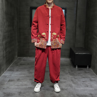 2022 осень-зима Новый мужской костюм Hanfu Tang с вышивкой в китайском стиле, костюм больших размеров, трендовый повседневный костюм из двух частей оптом