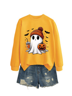 European and American European Size Fashion Long Sleeve Shirt Ghost Milk Tea Pumpkin Bat Fashion New Round Neck Sweater for Women 2024