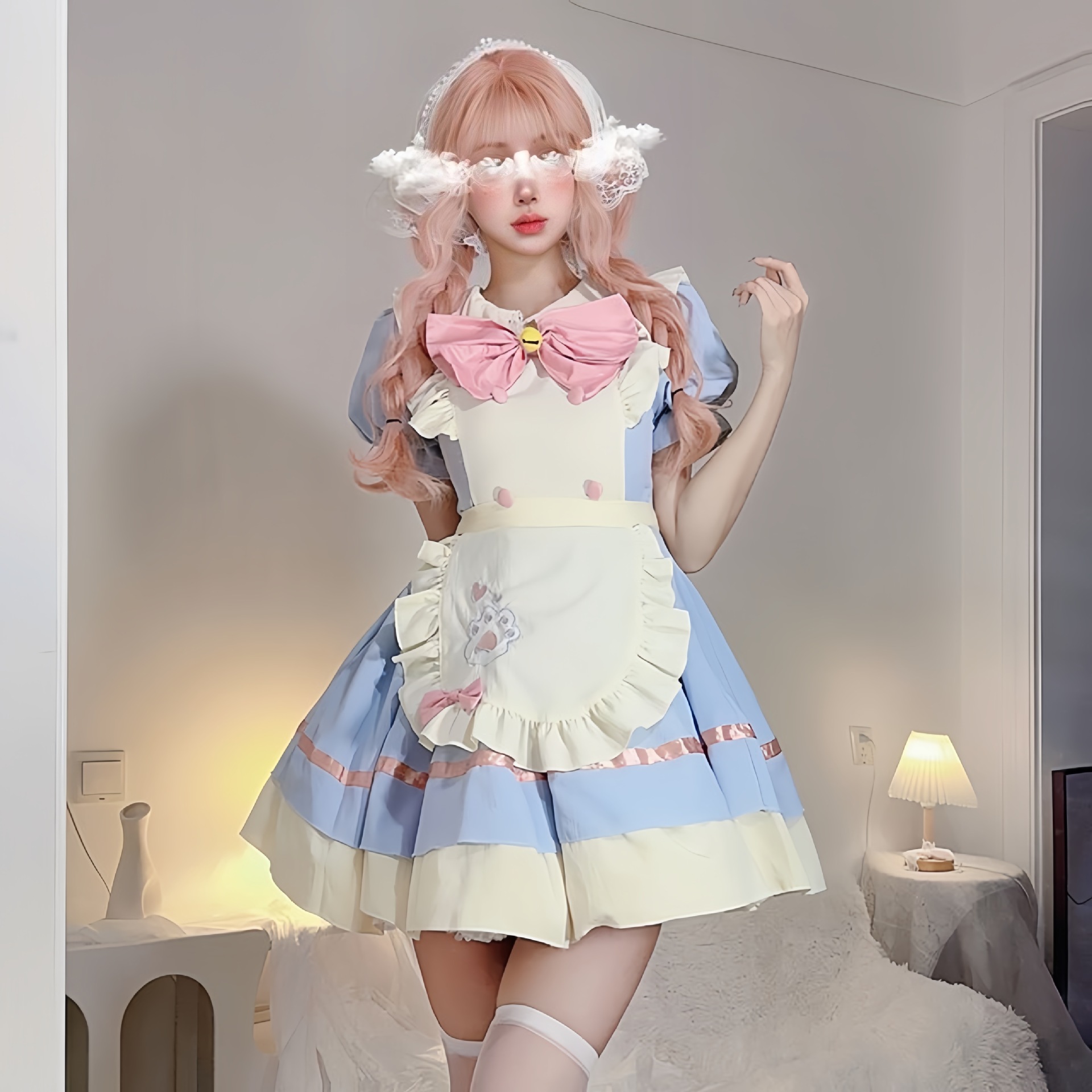 Japanese-Style Women's New Plus-Size Black and White Cute Lace Maid Outfit Cosplay Performance Costume Lolita Dress Set