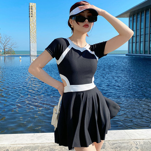 South Korea's New Large Size Swimsuit Women's Skirt One-piece Conservative Belly Covering Slimming Small Chest ins Short-sleeved Hot Spring Swimsuit