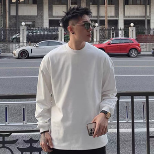 Trendy Brand Heavy Cotton T-shirt Men's 2024 Autumn New Black Long Sleeve Top Round Neck Loose All-match Base Shirt