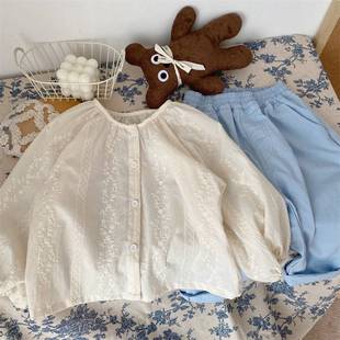 New Autum Girls' Literary Style Lace Full Embroidered Shirt Kidsren's Baby Girl Cotton Round Neck Top