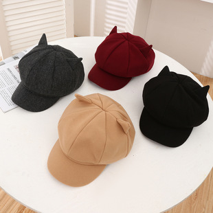 New Ear Octagonal Hat Women's Fashion Personalized Artistic Woolen Hat Shown Face Duckling Tone Beret Newsboy Hat