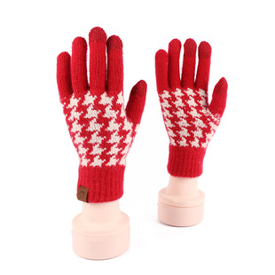 2023 Winter Popular Japanese Style Woolen Knitted Plaid Gloves Fleece-lined and Thickeneded Cycling Five-finger Touch Screen Warm Gloves