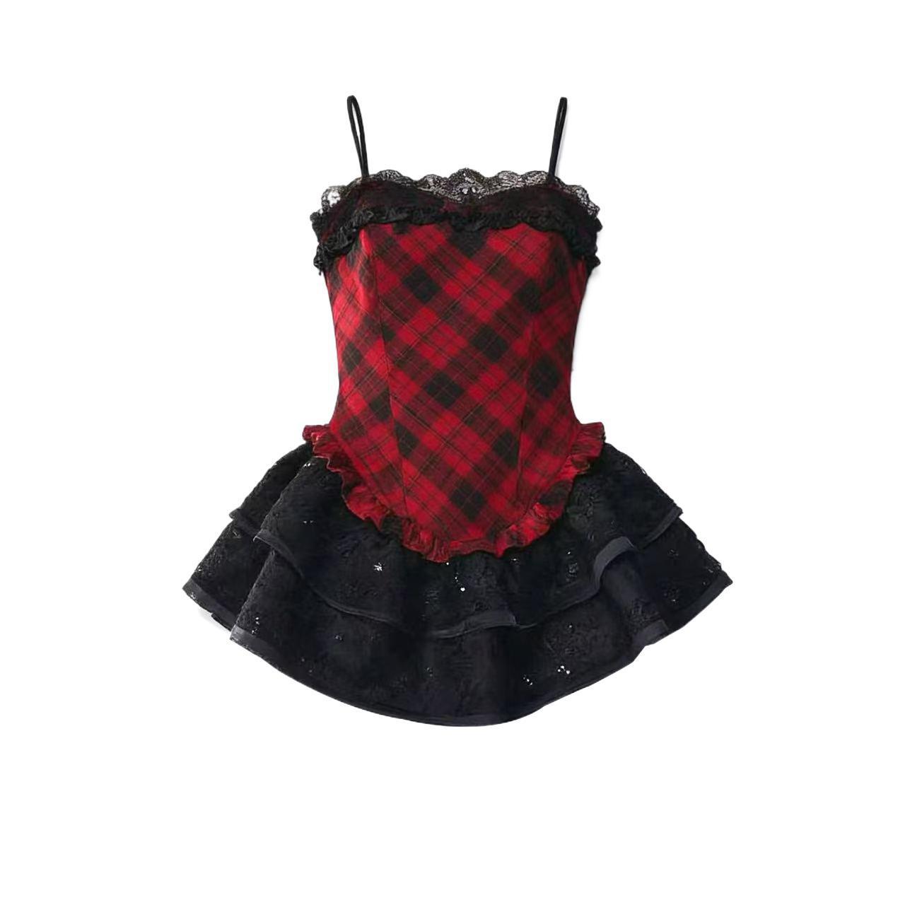 French-Style Plaid Suspender Dress for Girls, Short Puffy Skirt, Sweet and Spicy Red and Black Checkered Party Mini Dress