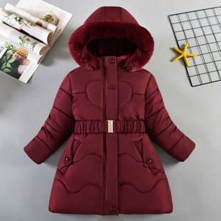 Foreign trade children's clothing winter new girls' cotton-padded clothes Europe and the United States large children's children's waist hooded long cotton-padded jacket coat
