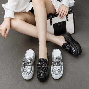 Baotou Women's Summer New Style 2025 Mesh Sequin Metal Buckle Solid Color Outer Wear Half-support Fashion