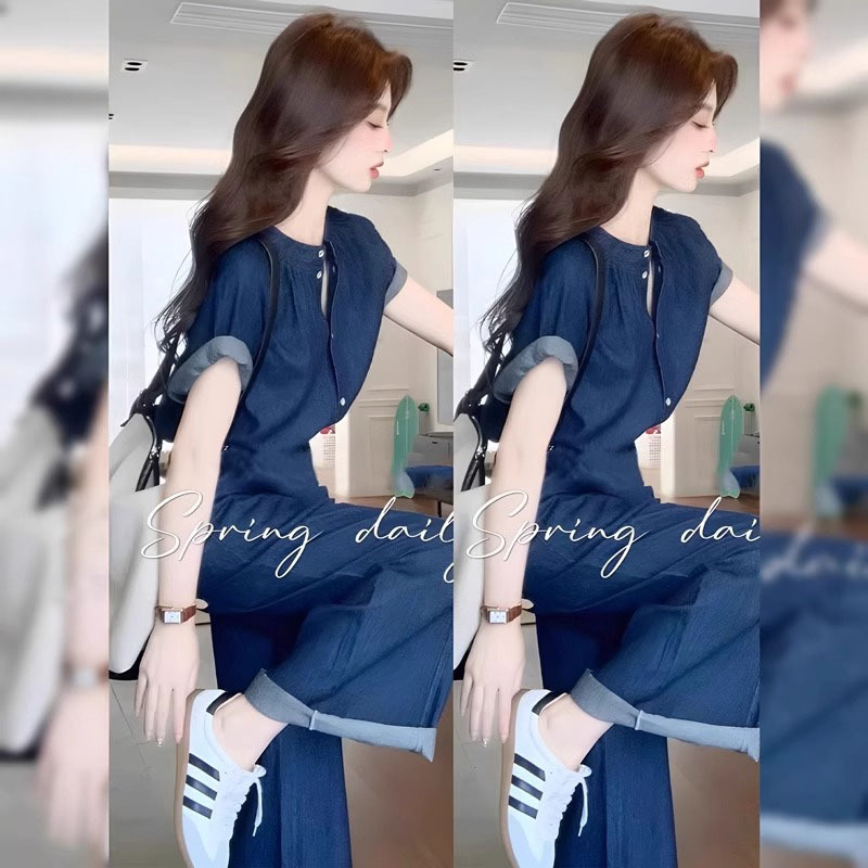 여름 ootd 의상 데님 셔츠 와이드 팬츠 레몬 씨솔트 하이엔드 기질 캐주얼 슬리밍 커버 슈트