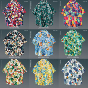 Hawaiian flower shirt men's short sleeve loose beach shirt vintage Hong Kong style retro Ruan handsome coat fashion