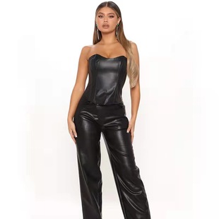European and American Style 2024 Summer Fashion New Style Strapless Waist Slimming Sexy Women PU Small Vest Women's Strapless