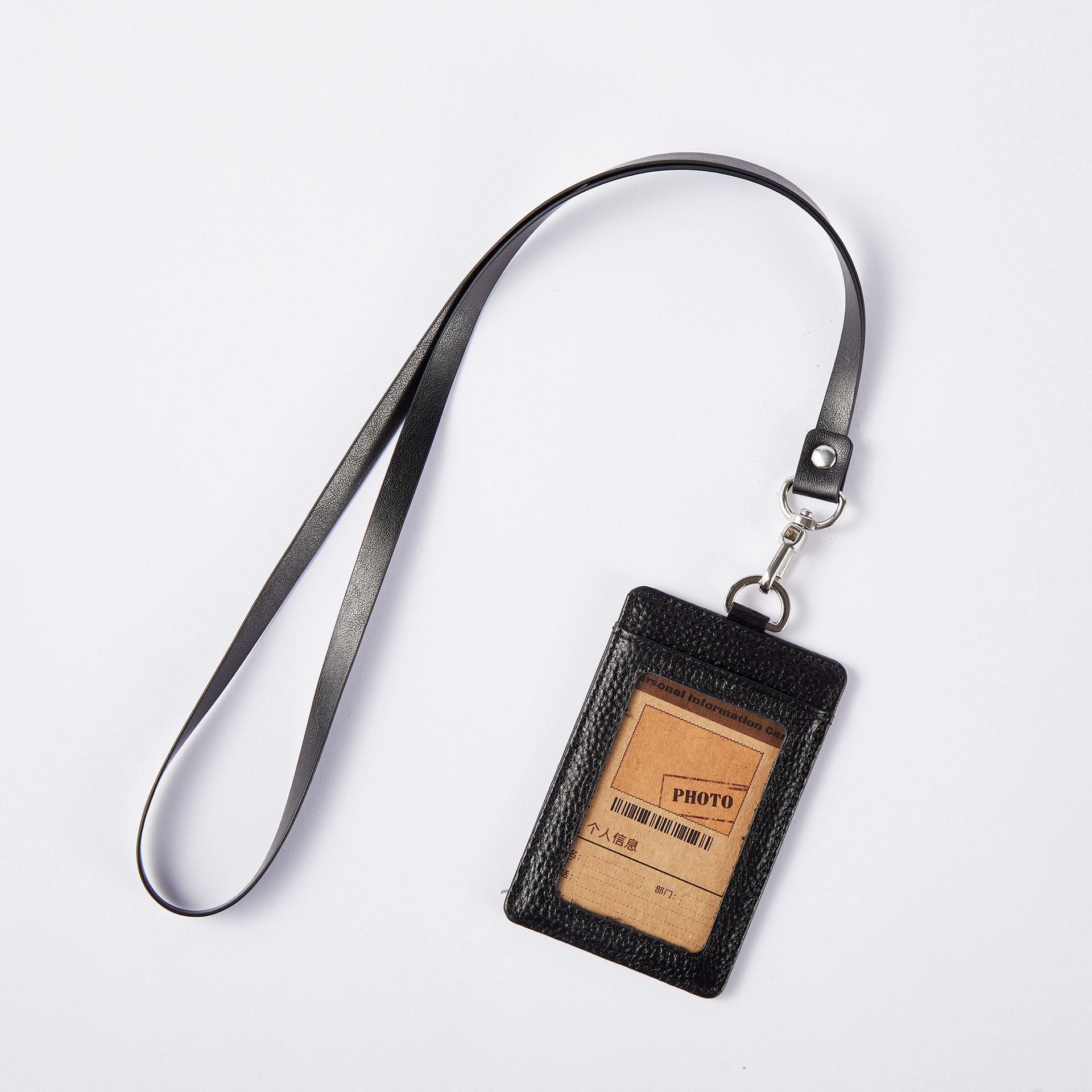 Cross-Border Premium Selection of New Card Holders with Semi-Circular Frames, Dual Card Slots, Lychee Pattern Card Wallet with Lanyard, High-End Genuine Leather Work Badge
