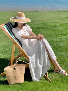 Cross-border New Seaside Holiday Beach Dress V-neck Slim White Hollow-out dress Desert Dress Fairy