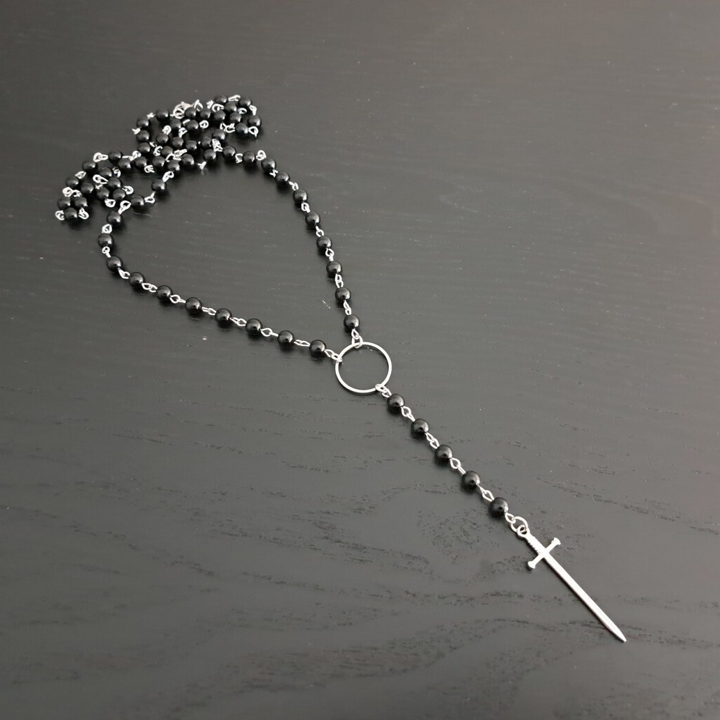 Gothic Black Rose Rosary Necklace with Sword Retro Style Necklace Factory Outlet