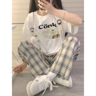 Cute Soft Girl Sports suit Female Student Summer Korean Style Loose Short-sleeved Shirt Casual Plaid Pants Two-piece Set Trendy