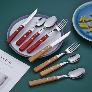 Cross-border 304 stainless steel Western tableware suit Japanese retro Rosewood wooden handle steak knife, fork and spoon log tableware