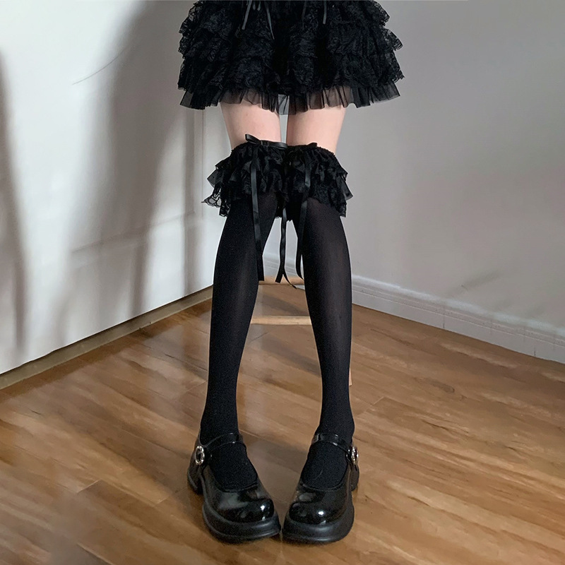 Women's Lace High Socks Japanese Lolita Style White Over-The-Knee High Socks with Multi-Layered Lace and Bowknot Calf Socks