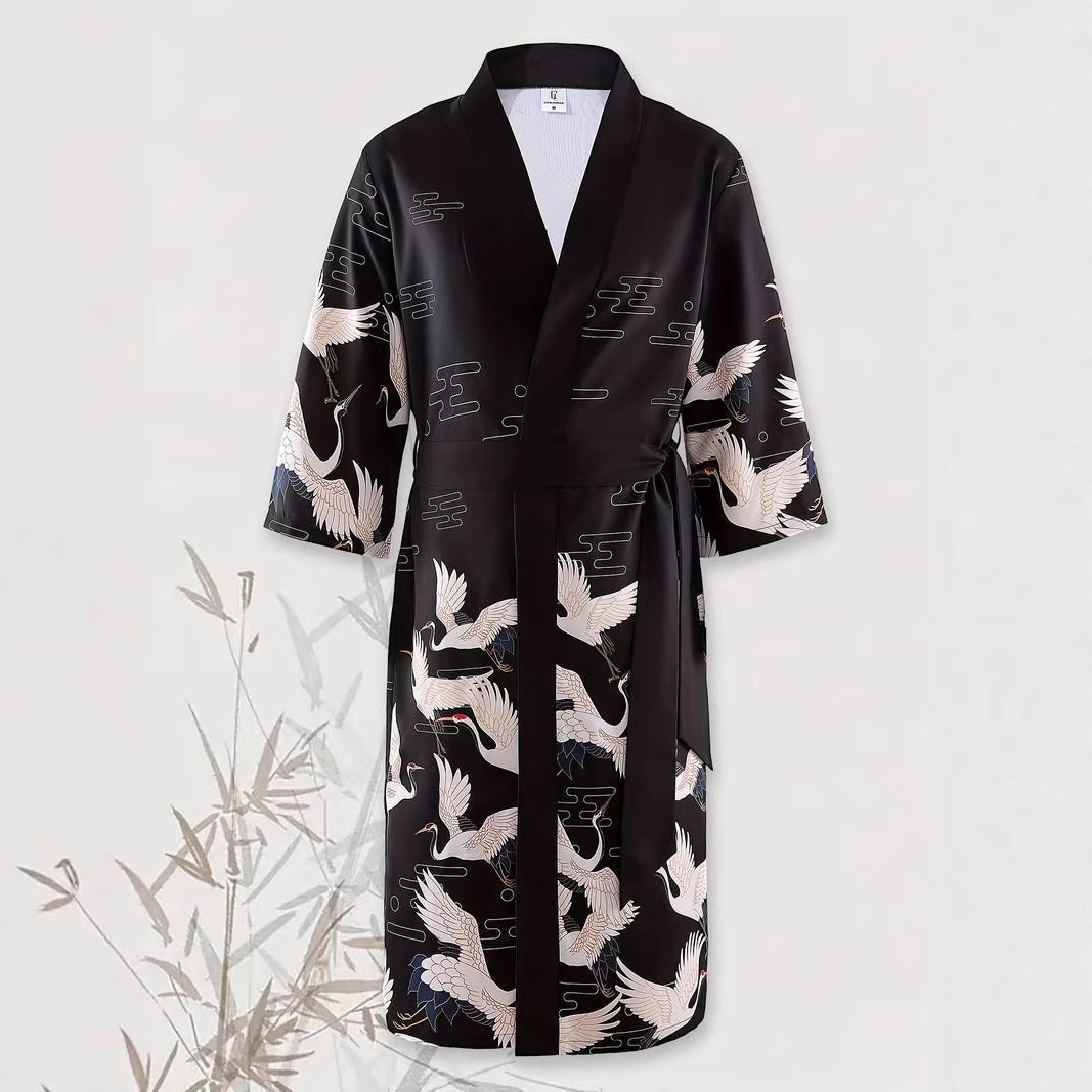 Hot-Selling Cross-Border Foreign Trade Harajuku Style Ink Wash Landscape Print Long Unisex Coat with Belt, Pajama Robe, Cardigan