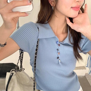 Blue Short Ice Silk Knitted Polo Shirt Short-sleeved Shoulder T-shirt Women's Summer Short Lapp Top Thin