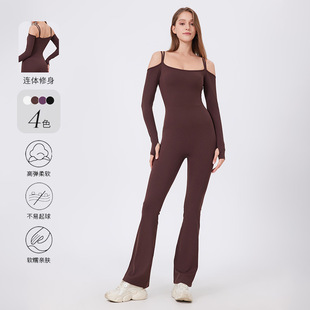Autumn and Winter New Tight Naked Sense with Chest Mat Yoga Clothes Long Sleeve Off-shoulder Sports Fitness Running One-piece Flared Pants