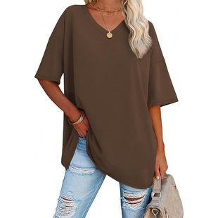 2024 spring and summer Amazon temu explosions Europe and the United States new oversized loose women's V-neck T-shirt cross-border foreign trade women's clothing