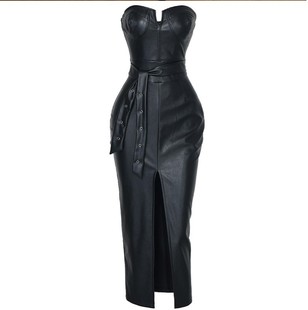 2020 Autumn new strapless PU leather slit dress cross-border e-commerce quick sale Tongya Ma Xun a generation of hair
