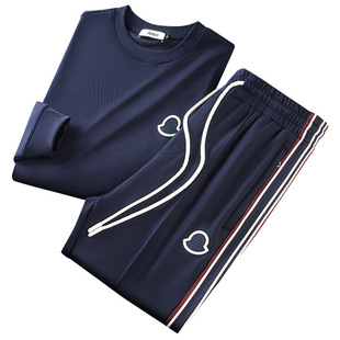 Autumn and Winter European High-end Embroidered Round Neck Sweat Straight Pants Men's Two-piece Ribbon Contrast Casual Sports suit