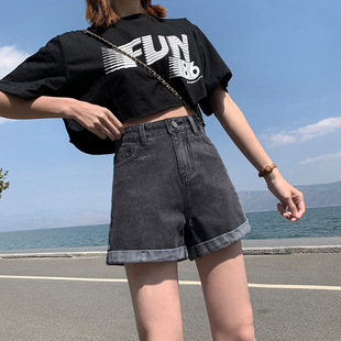 Denim shorts women's summer thin ins style high waist small wide leg pants A- line hot pants curling straight pants fashion