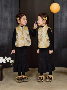 [Puff baby] Children's Wear 2025 New Chinese High-end New Year's Wear Cheongsam Skirt Cotton Vest Sister Wear