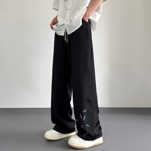 New Chinese Embroidered Pants Men's Summer Ice Silk Stretch Loose Pants National Style High-end Slim Wide Leg Pants