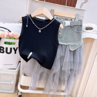 2025 Girls New Summer Suit Fashionable Design Knitted Vest Plus Asymmetrical Denim Mesh Splicing Skirt