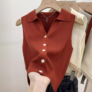 Polo Collar Thin Slim-fit Camisole Outer Wearing Vest Women's Summer Chic Ice Silk Knitted Waistle Sleeveless Tops