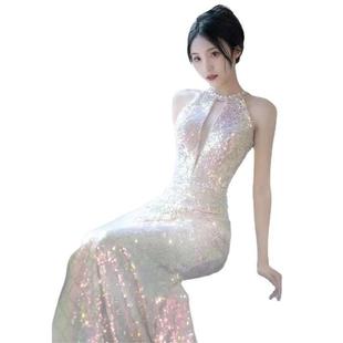 Sequined Fishtail Evening Dress 2023 New Style Elegant Long Light Luxury Niche Toast Dress Neck-hanging Engagement Dress for Banquet