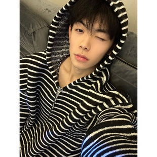 Striped Cardigan Hooded Sweater Men's Autumn and Winter American Style Youth Casual Loose Lazy Style Sweater Jacket