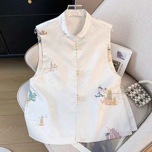 New Chinese Style Improved Ethnic Style Stand Collar Buckle Satin Jacquard Embroidered Hanfu Vintage Top Vest Jacket