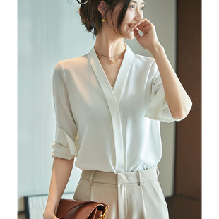 Spring and Summer 2024 New Triacetate Silk Satin V-Neck Shirt Women's Long-Sleeved Fashion Western Style Women's Elegant Shirt