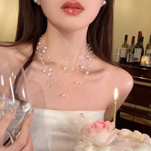 Super Fairy Star Multi-layer Pearl Necklace Women's Niche Design Sweet Elegant Fashion All-match Neckchain Clavicle Chain