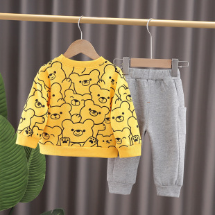 Children's Spring New Cartoon Printed Bear Pullover Set 0-4 Years Old Boys and Girls Casual Long Sleeve Sweater Two Pieces