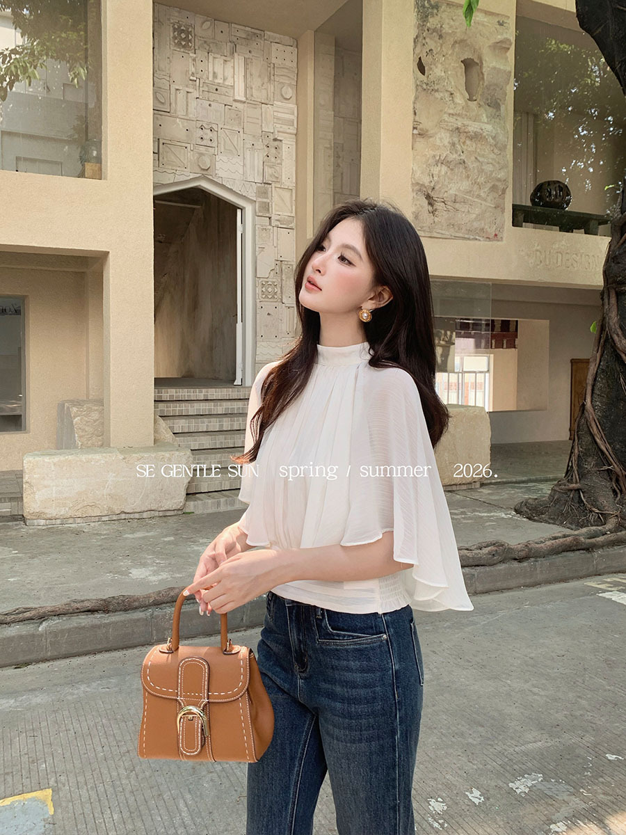 Xiuxixi 2026 Summer White Label Korean Style Elegant Solid Color Cape Simple Chiffon Short Sleeve Shirt Women's Top 89787