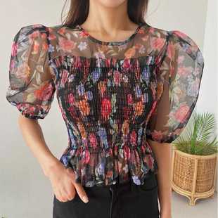 Summer New Sicilian Vampian French Romantic Fairy Print Lace Chiffon Shirt